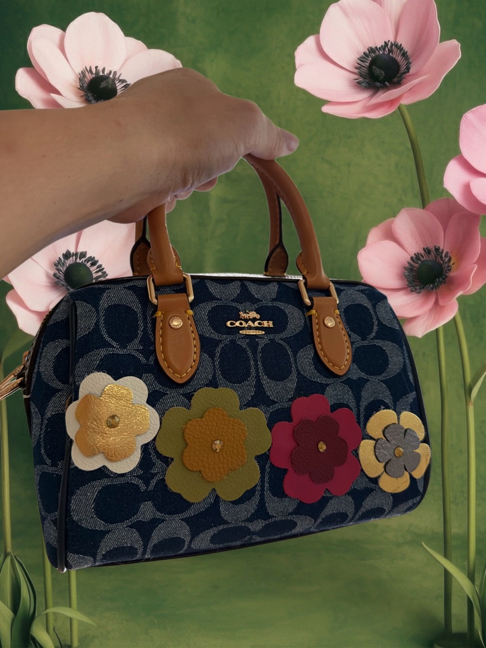 COACH Denim Signature Floral Appliqué Mini Satchel with Tan Handles - Picture 4 of 10